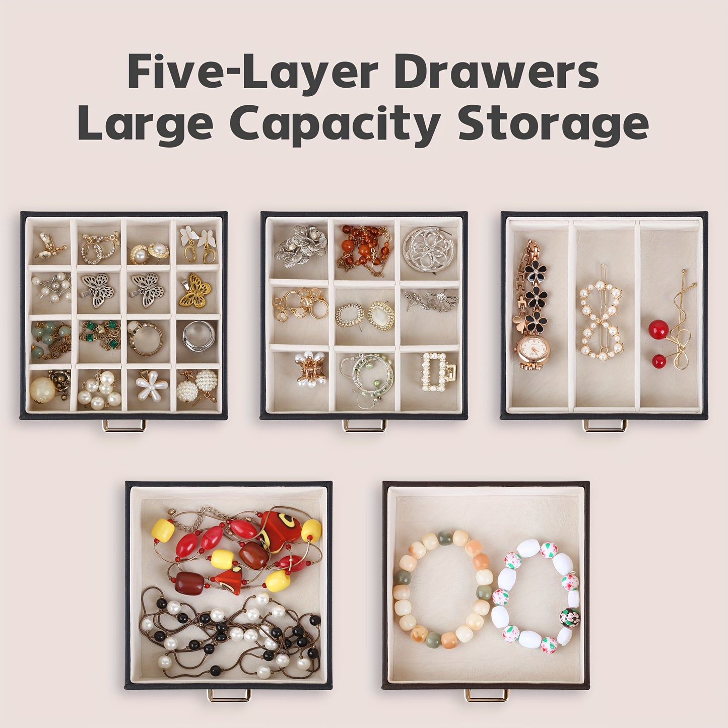 6 Layer Jewelry Storage Box With Mirror Black PU Leather 5 Drawers Necklace