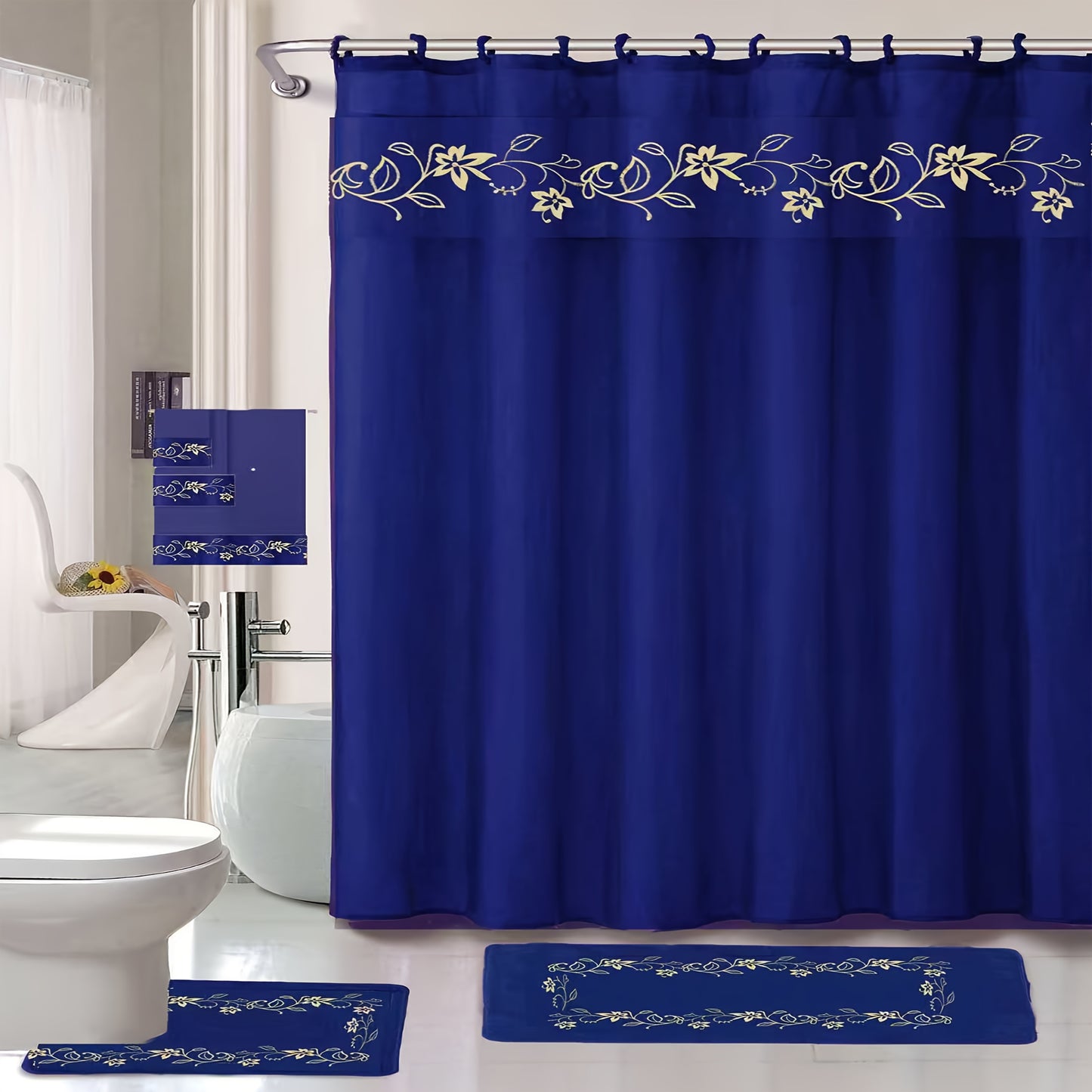 Shower Curtain Set With Embroidery And Non Slip Bath Rug Mats 3 Piece Towel Set