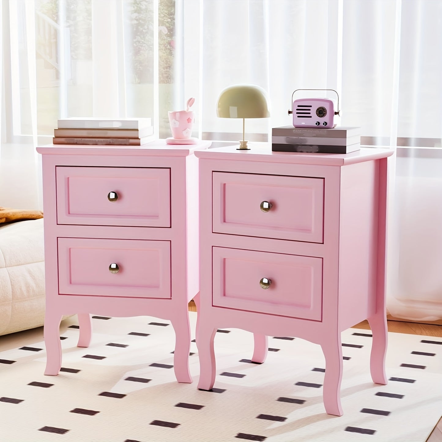 Pastoral Style Double Drawer Bedside Table Multicolor Painted Finish
