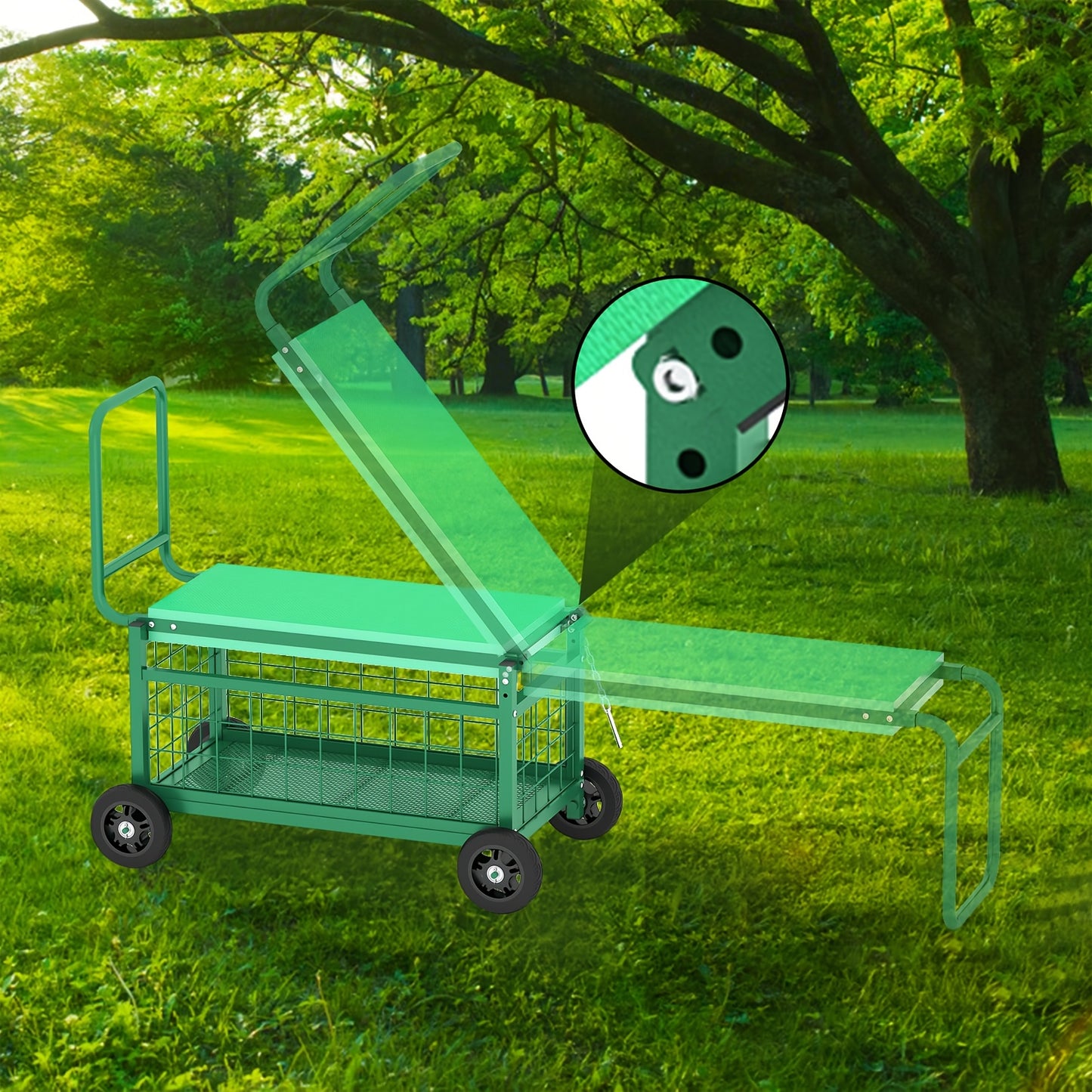 Heavy Duty Rolling Garden Seat Cart With Dual Position Seat And Storage Basket