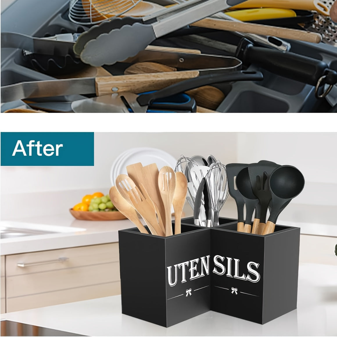 Extra Large Wooden Utensil Holder With 3 Compartments For Spatulas And Spoons