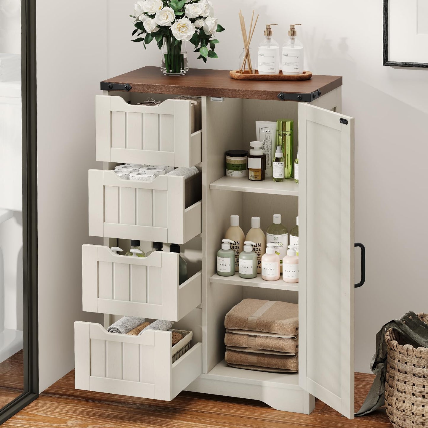 Farmhouse White Bathroom Storage Cabinet Freestanding With 4 Drawers And 1 Door