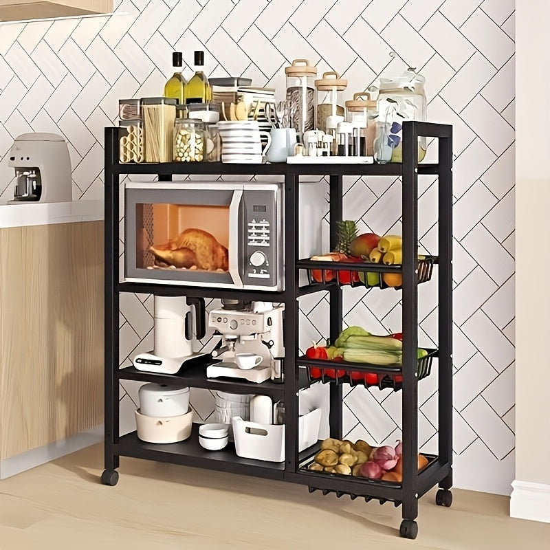 Movable 4-Tier Adjustable Kitchen Storage Rack With Wheels And Wire Baskets