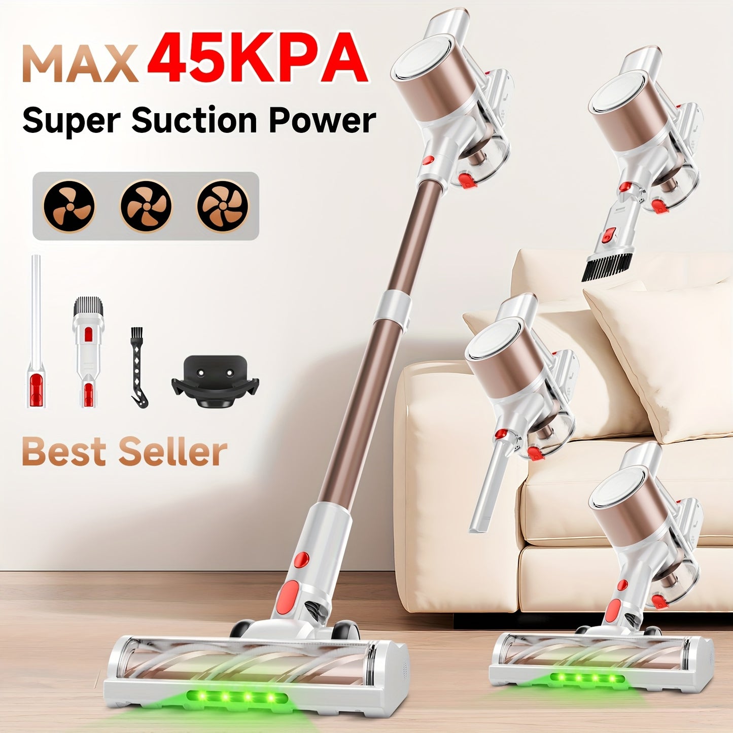 35-45 KPA Cordless Lightweight Vacuum Cleaner With Upgraded Green LED, Anti-tangle Brush, Removable Battery, Multiple Suction Levels, Up To 45 Minutes Of Battery Life, Women's Car Accessories, Vacuum Cleaner For Carpets, Pet
