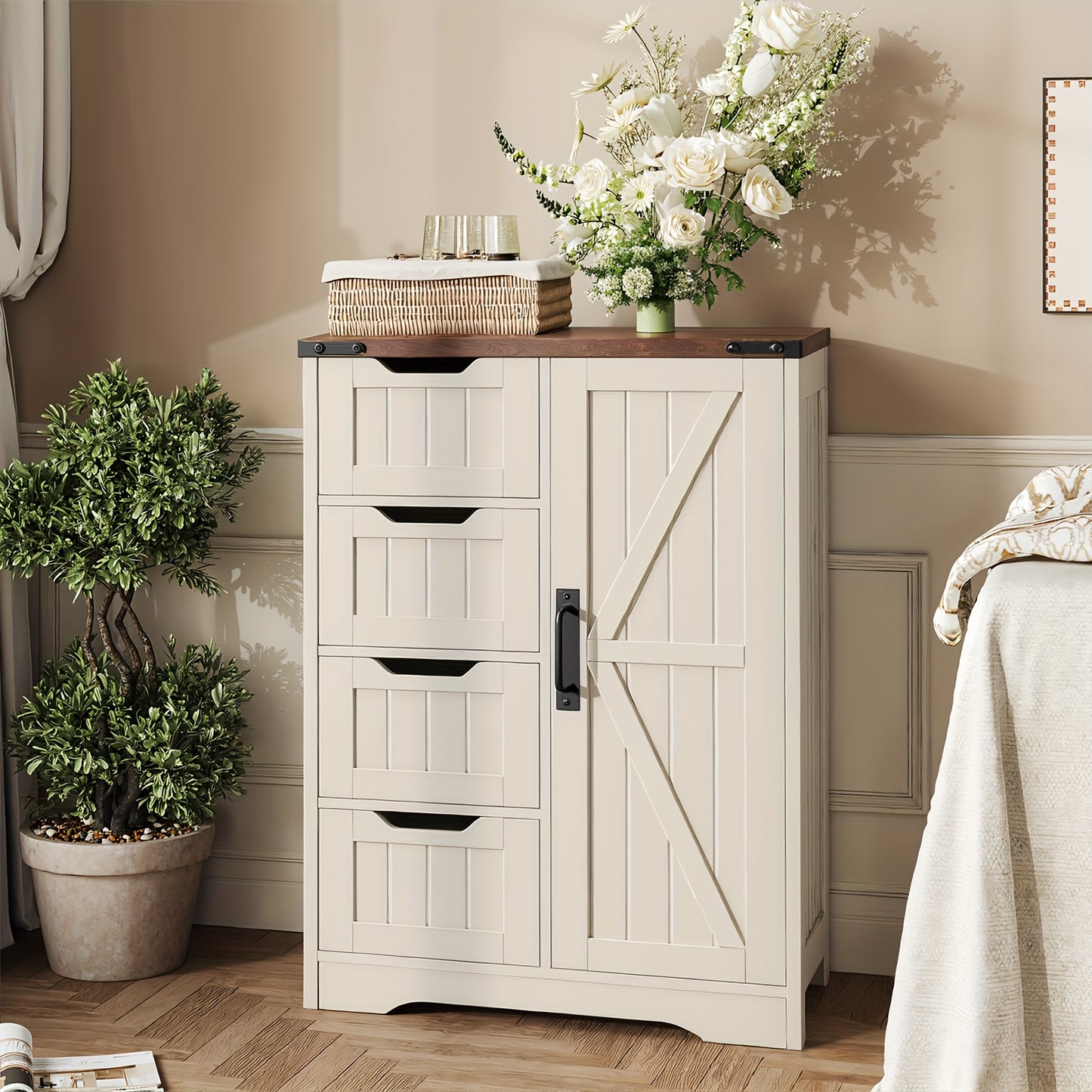 White Freestanding Rustic Slim Bathroom Storage Cabinet With 4 Drawers And Door