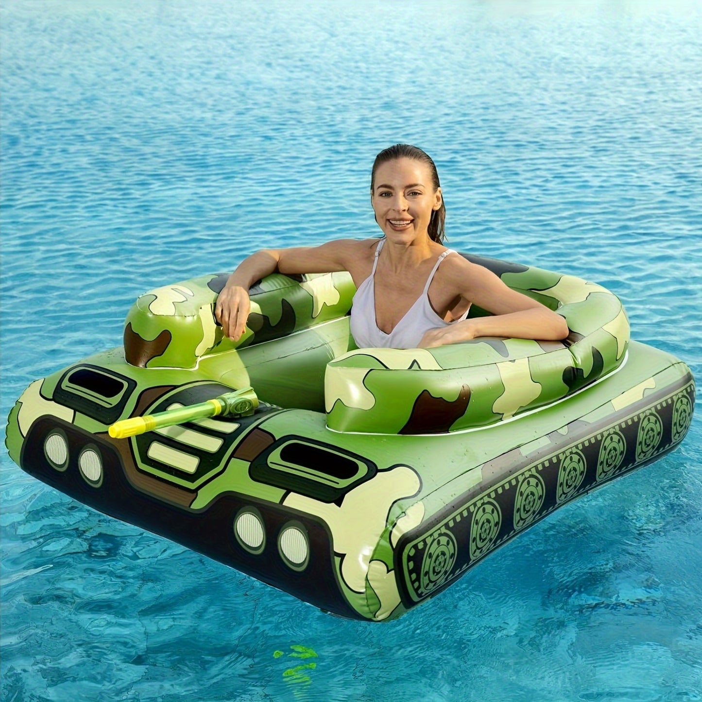 57-Inch XL Camouflage Inflatable Tank Pool Float For Adults - Heavy-Duty PVC Swimming Pool Floaties Swim Raft Floaty With Water Cannon, Ride-On Design Summer Water Toy For Pool, Lake & Beach Parties