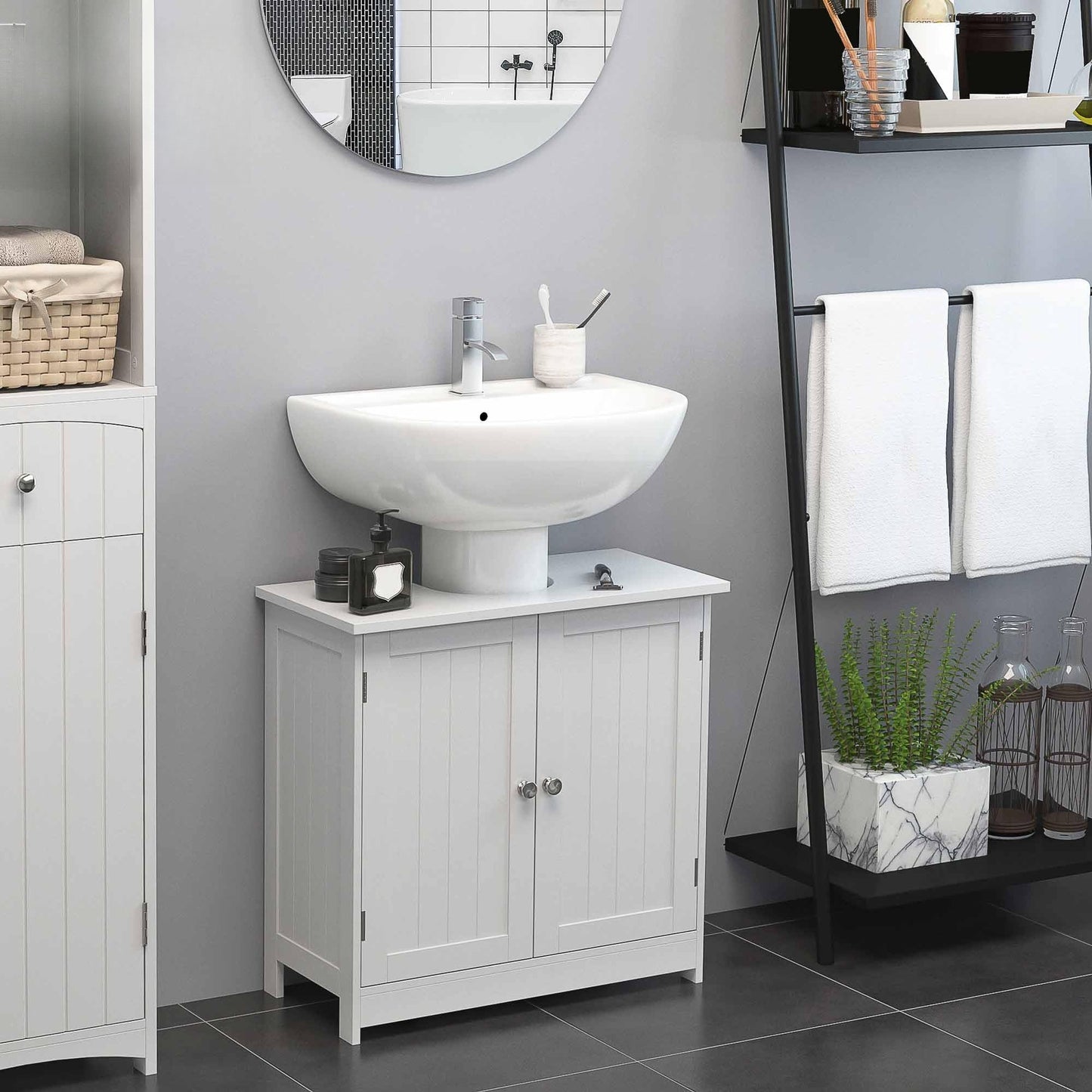 White Bathroom Under Sink Cabinet With Two Doors And Shelf For Pedestal Sinks