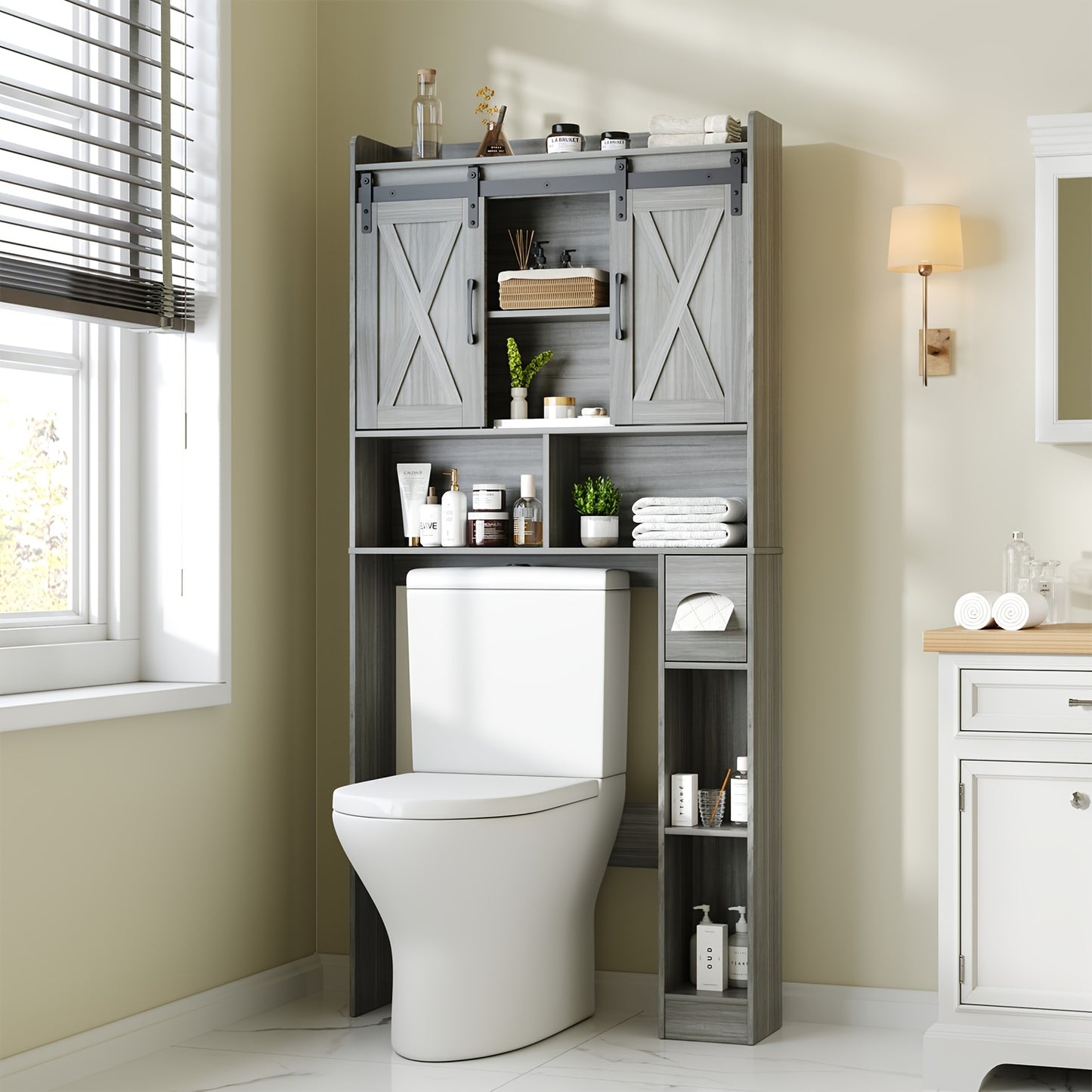 Over The Toilet Storage Cabinet With Toilet Paper Holder Stand Space Saving Grey