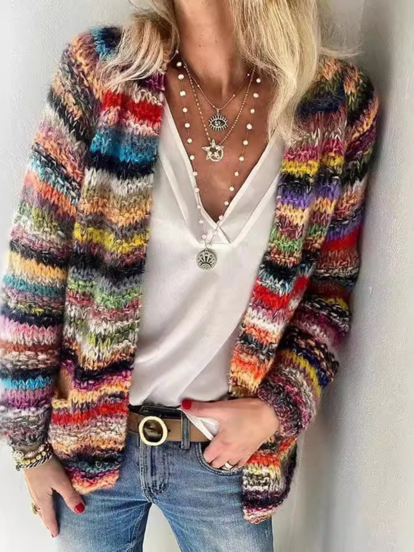 SCACTO Women Large Colorful Pattern Cardigan Open Front Y2K Style Knit Sweater