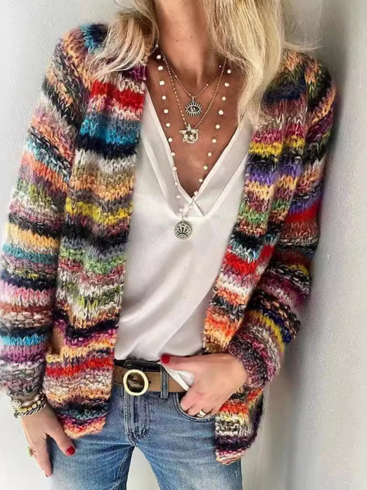 SCACTO Women Large Colorful Pattern Cardigan Open Front Y2K Style Knit Sweater