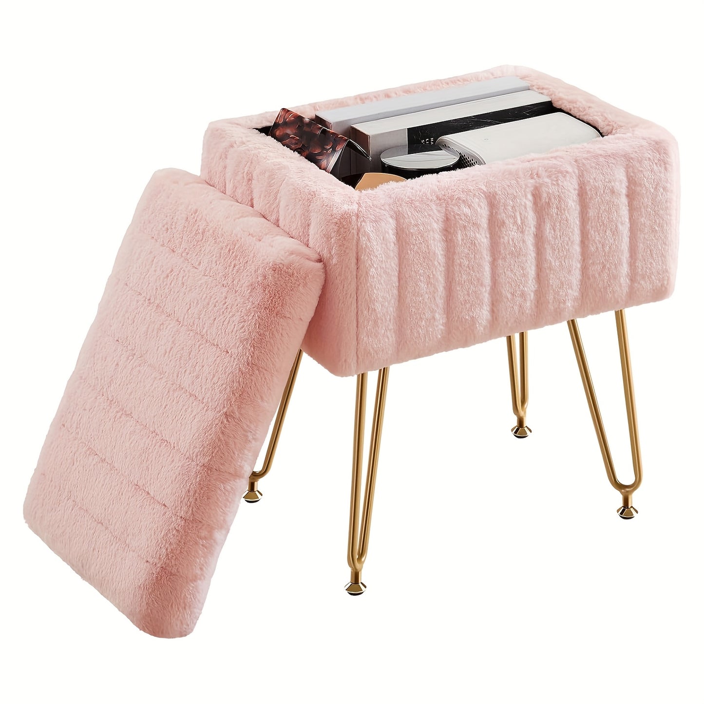 Vanity Chair With Storage Dual Purpose Makeup Stool Four Golden Metal Bases