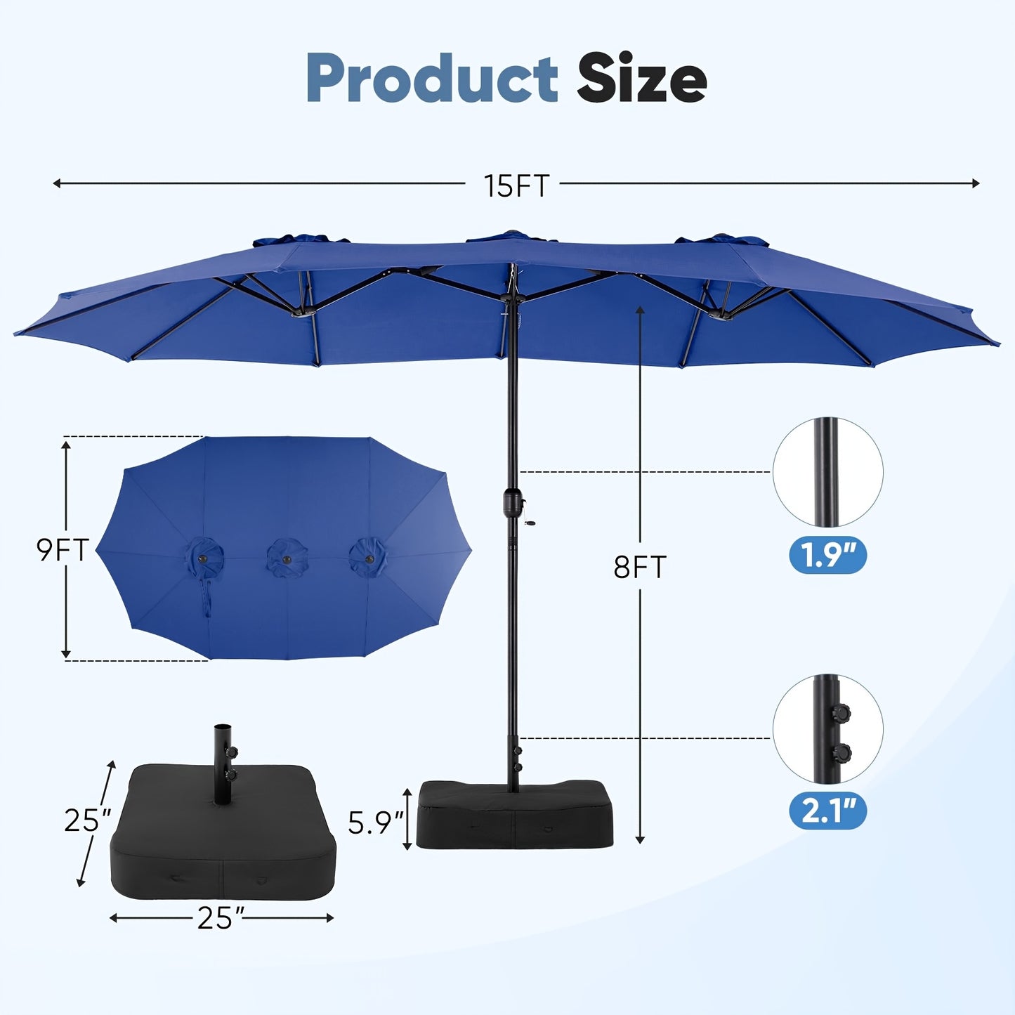 15Ft Outdoor Patio Umbrella With Tilt UV Sun Protection 135 Sq Ft Shade