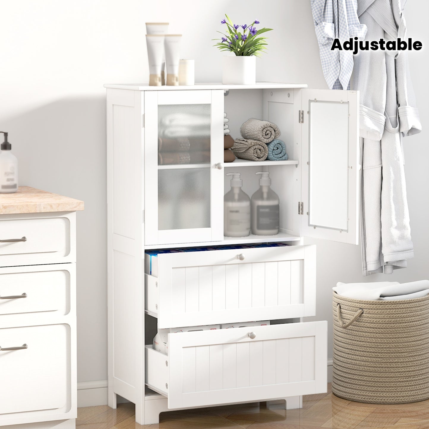 Modern White Floor Cabinet With 2 Frosted Glass Doors And 2 Drawers