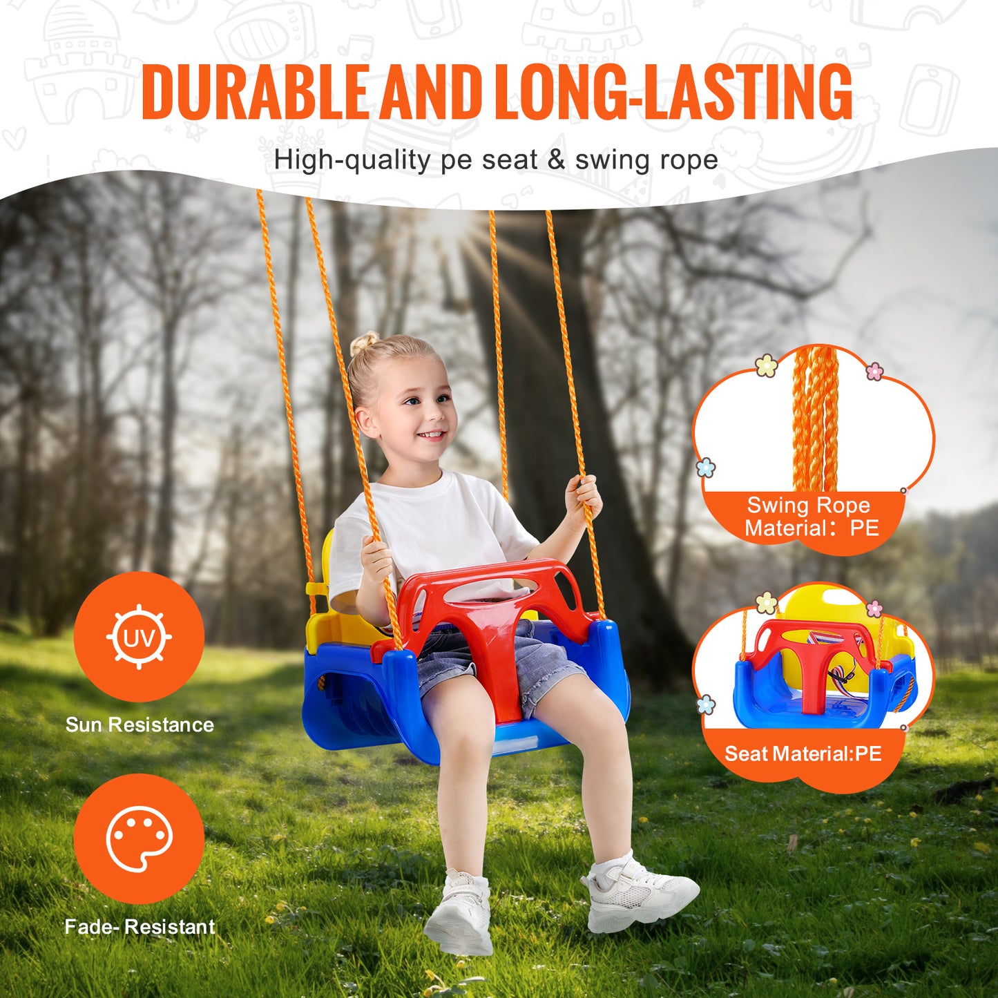 VEVOR 3 In 1 Toddler Swing Seat With Adjustable Ropes