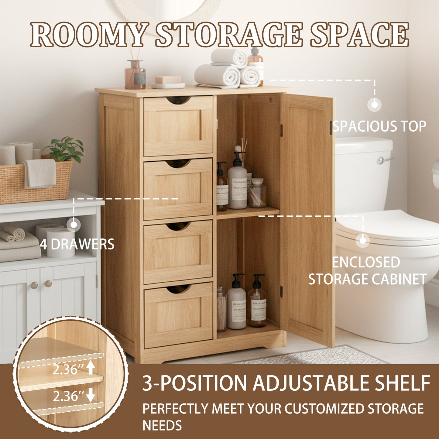 4 Drawer Bathroom Vanity Cabinet With Door Natural Wood Laminate 56x30x80cm