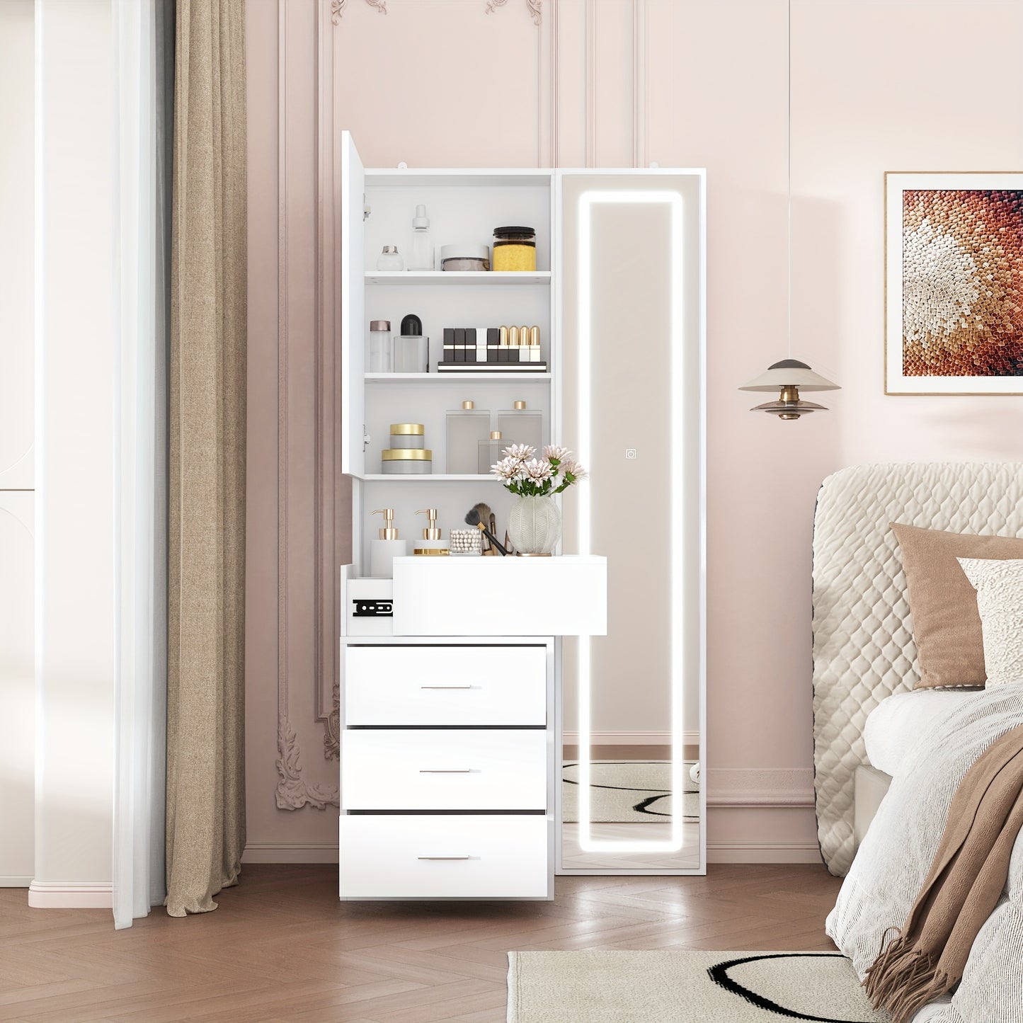 Modern Vanity Table With Drawers And Illuminated Full Body Mirror White