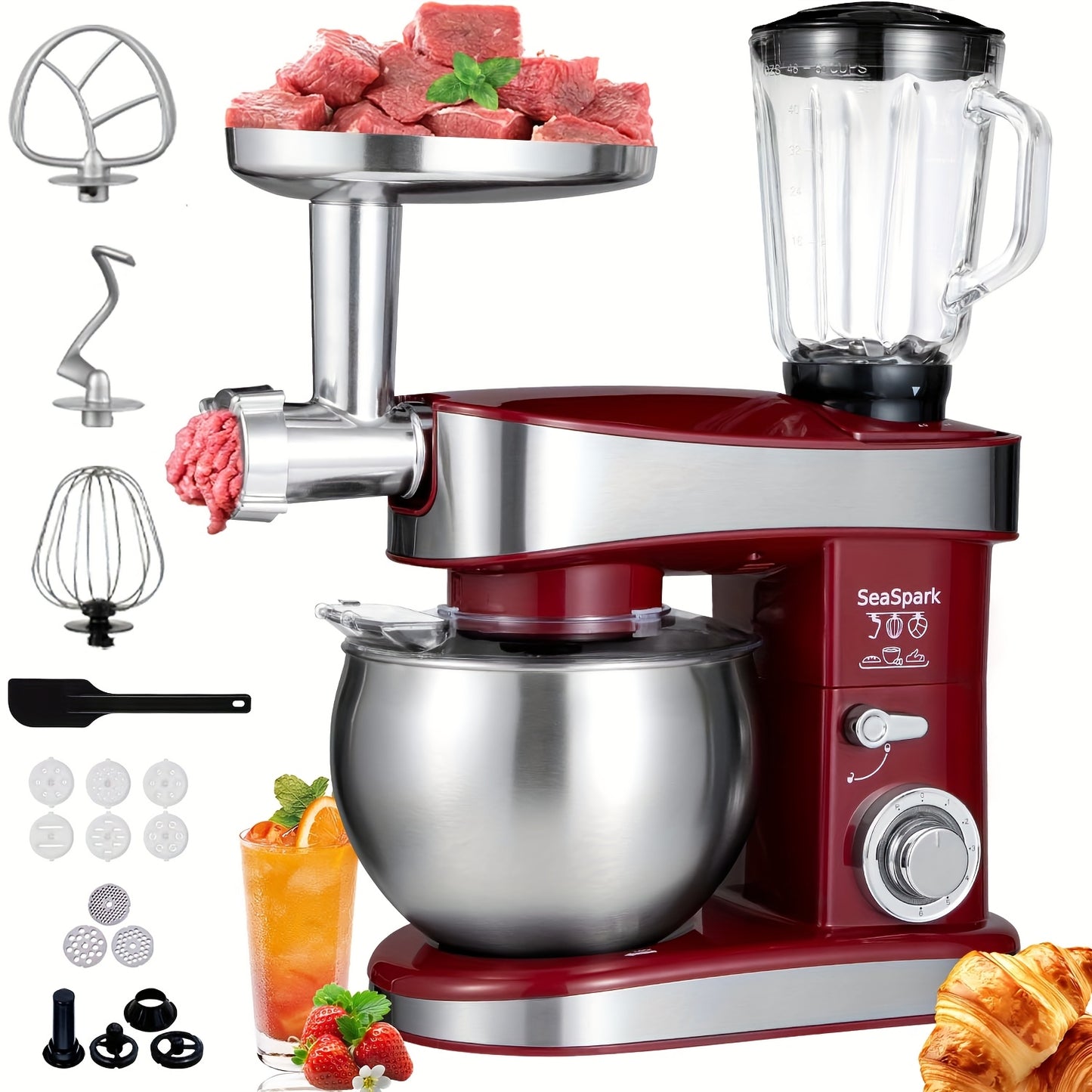 6-in-1 Electric Vertical Mixer, 400W 6-speed with Pulse Button, Accessories with 6.3QT Stainless Steel Bowl, Mixer, Dough Hook, Egg Beater, Spatula, Juicer Accessories, Meat Grinder Accessories and Noodle Pressing Accessories