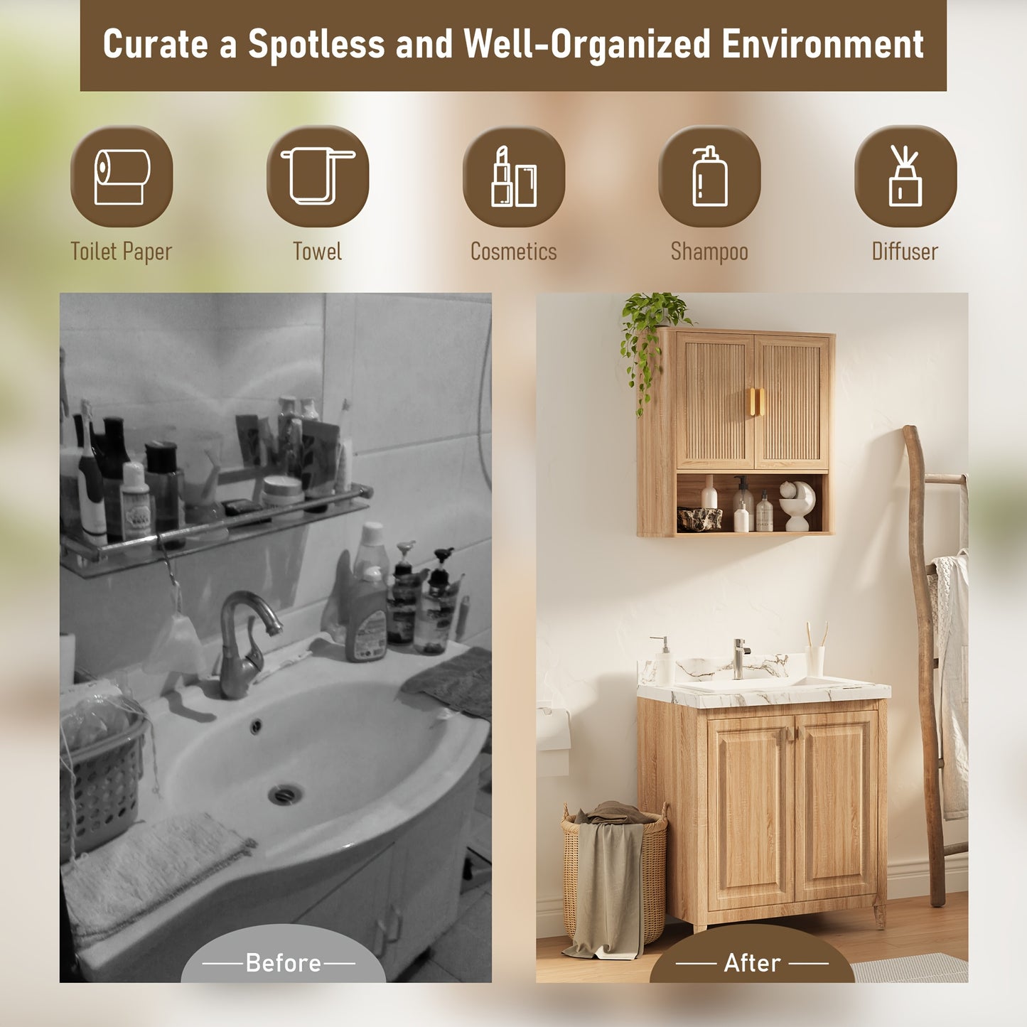Natural Oak Wood Doors Over Toilet Storage Cabinet With Adjustable Shelves