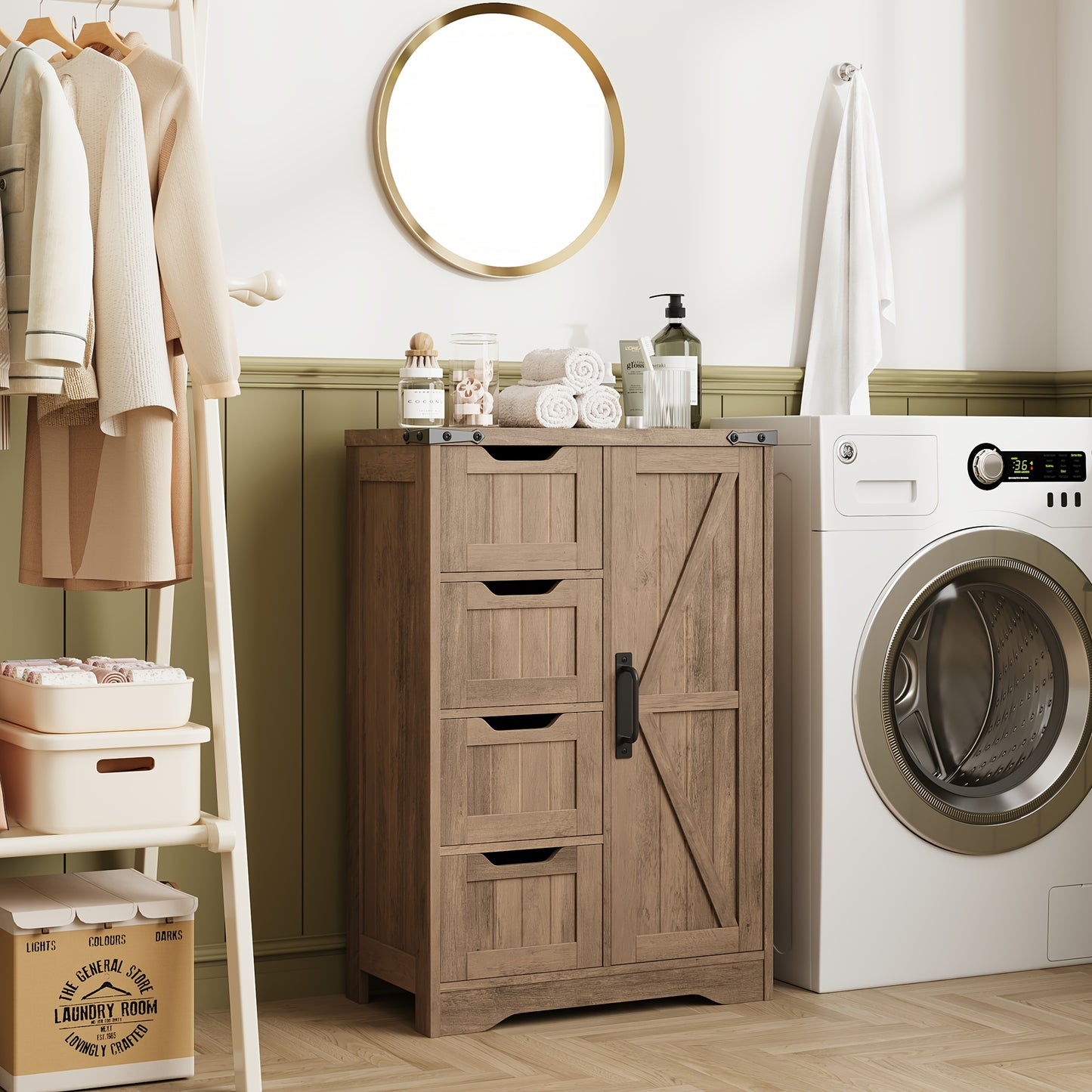 Farmhouse White Bathroom Storage Cabinet Freestanding With 4 Drawers And 1 Door