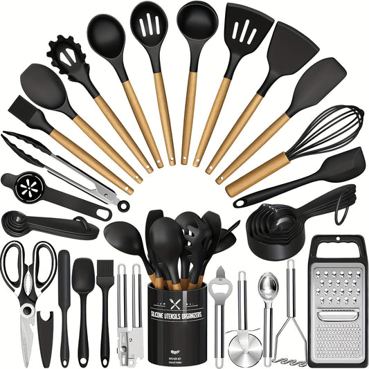 [Heat Resistant Kitchen Utensils] 34PCS Heat Resistant Silicone Kitchen Utensils Set - Cooking Utensils With Holder, Nonstick Cookware Spatula Set, Black Wooden Handles Kitchen Gadgets Tools Set