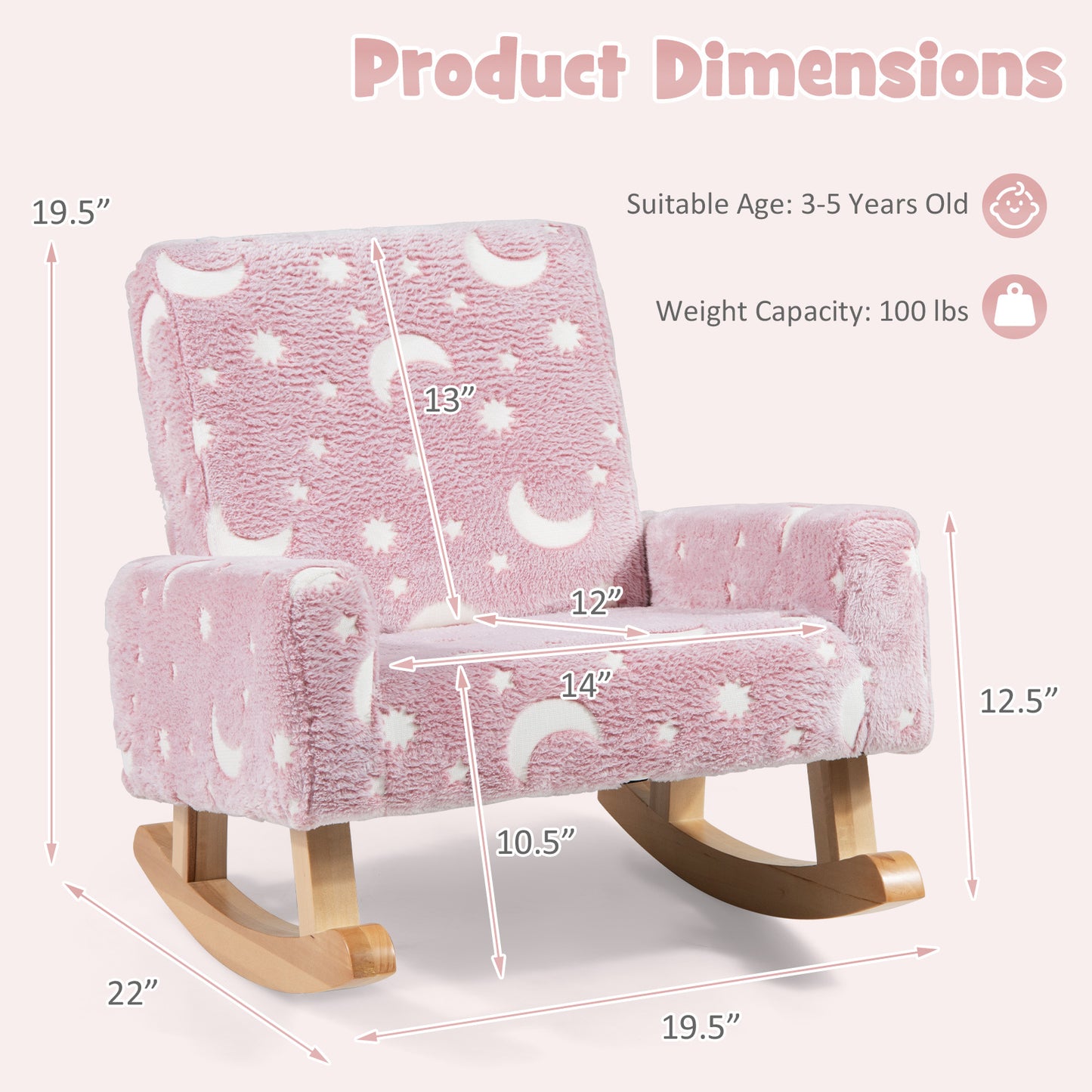 LIFEZEAL Kids Rocking Chair Upholstered Flannel With Glow In The Dark Wood Feet