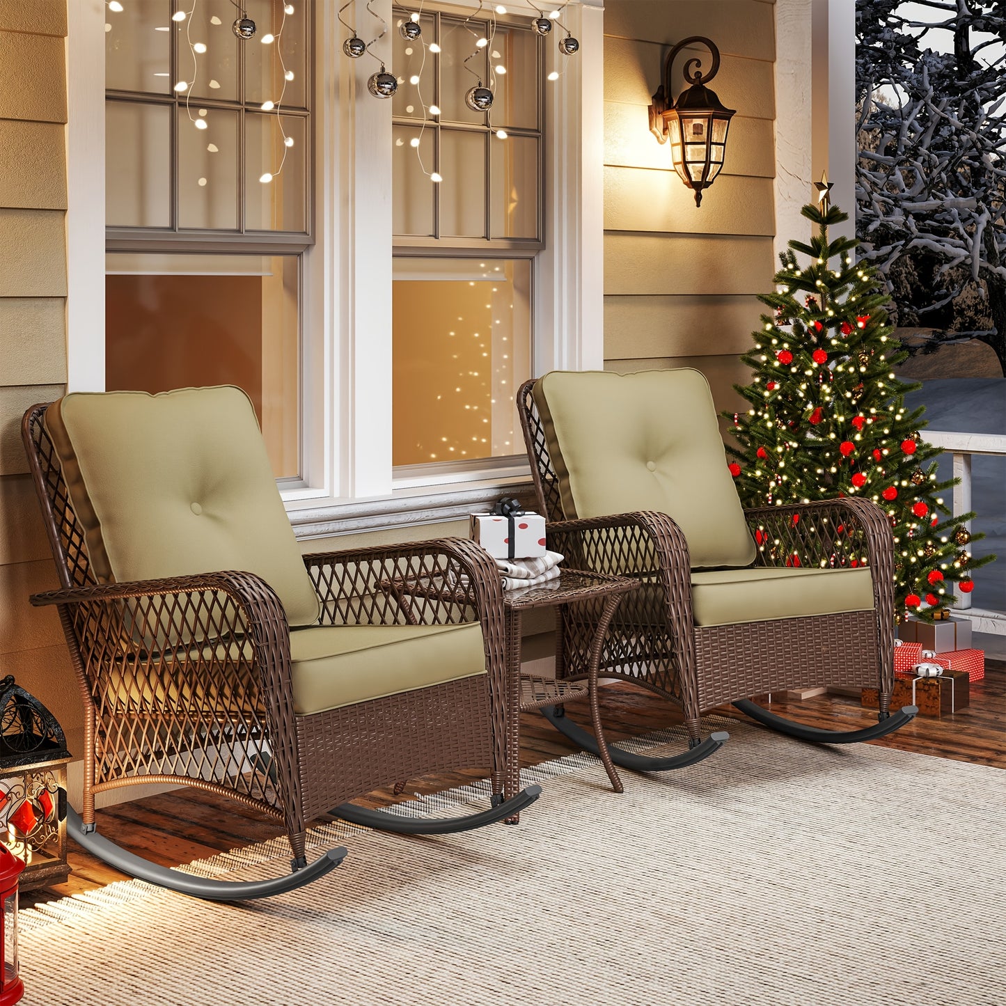 3pcs Patio Set Rocking, Rattan Outdoor Rocking Patio Bistro Set With 2 Rockers And 1 Side Table With 4'Thick Cushions For Backyard, Porch, Balcony, Poolside, And 1piece Of Chair Can Choose