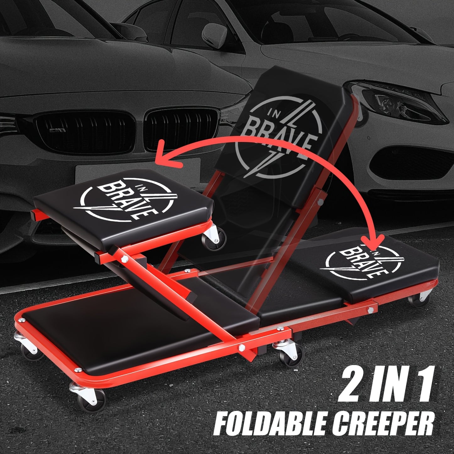 [2-in-1 Z-Type Crawler Seat] 2-in-1 Z-Type Adjustable Foldable Lift Seat Reclining Plate | Crawler Seat for Garage Car Bottom Repair Tool Box - Perfect Gift for Mechanic, Gray And Red Available