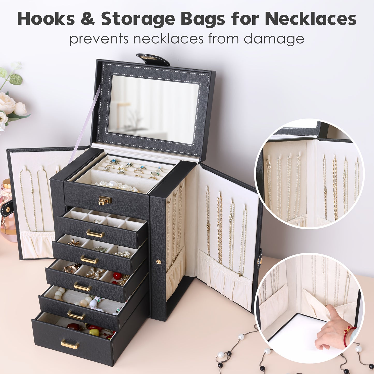 6 Layer Jewelry Storage Box With Mirror Black PU Leather 5 Drawers Necklace