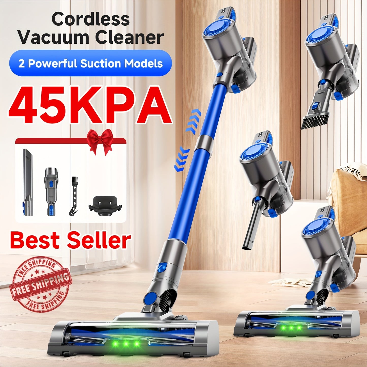 35-45 KPA Cordless Lightweight Vacuum Cleaner With Upgraded Green LED, Anti-tangle Brush, Removable Battery, Multiple Suction Levels, Up To 45 Minutes Of Battery Life, Women's Car Accessories, Vacuum Cleaner For Carpets, Pet