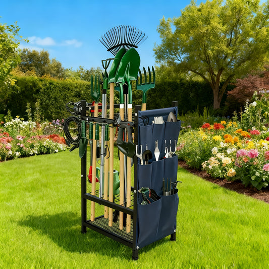 Heavy Duty Metal Garden Tool Organizer Rack With Hooks And Pockets 3 Tier Shelf