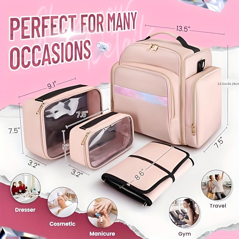JIASLING Makeup Bag Organizer With 4 Removable Pouches And Jewelry Roll