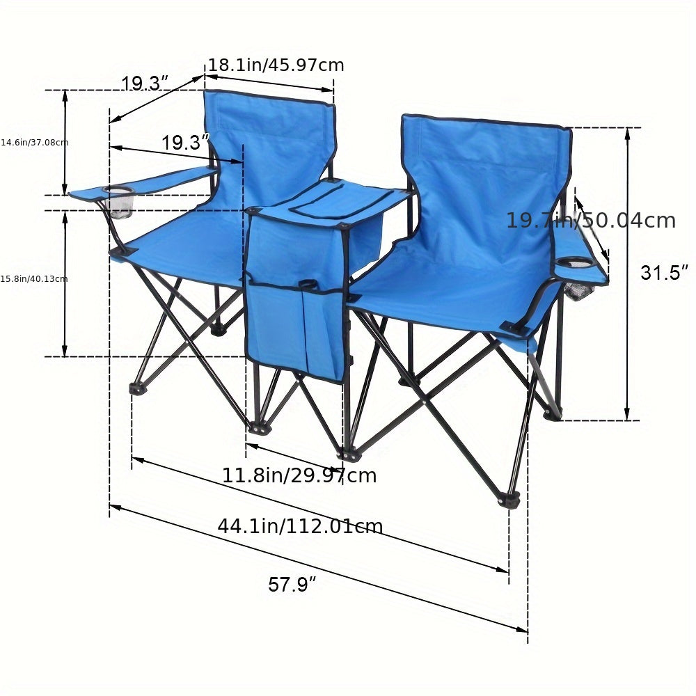 Outdoor Folding Chair 2 Seat Portable With Removable Sun Umbrella Blue