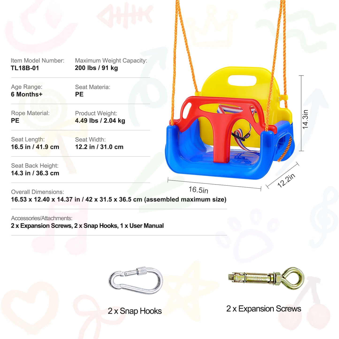 VEVOR 3 In 1 Toddler Swing Seat With Adjustable Ropes