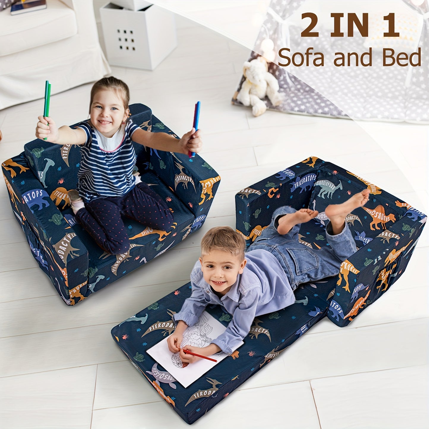 Kids Convertible Sofa Bed Lounge Chair Dinosaur Print