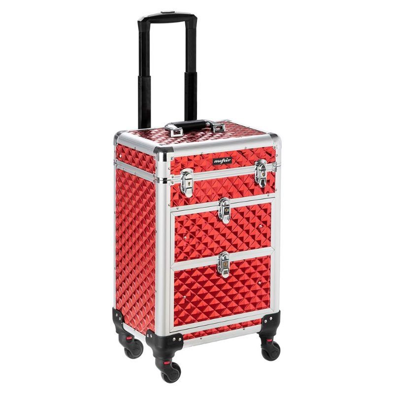 OMYSALON Aluminum Rolling Makeup Train Case Lockable 4 Wheels And 2 Drawers