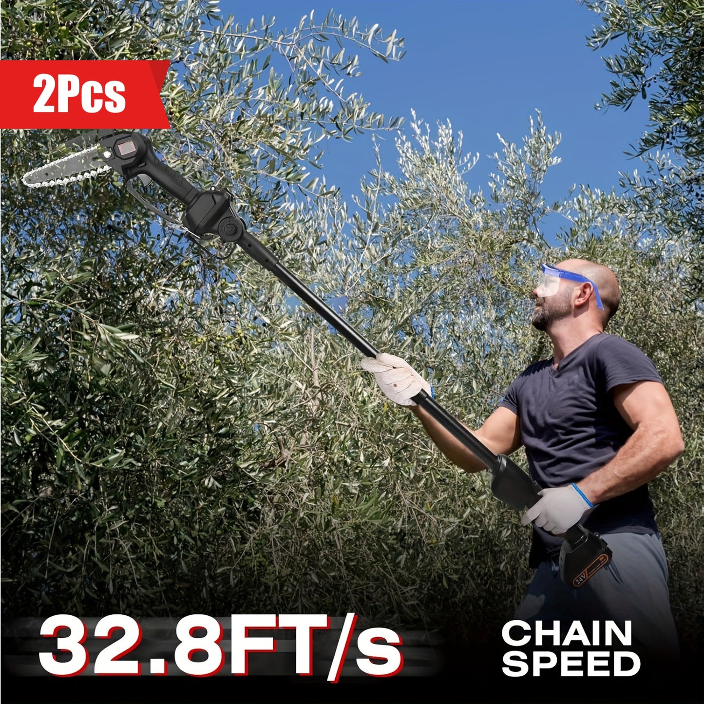 13ft Reach Cordless Pole Saw, 2-in-1 Battery Powered Tree Trimming - Retractable And Foldable Electric Pole Chainsaw - With 2 Chains, 2 Batteries, 3 Extension Rod, 2Pcs 1500mAh Batteries 4in/6in Chains