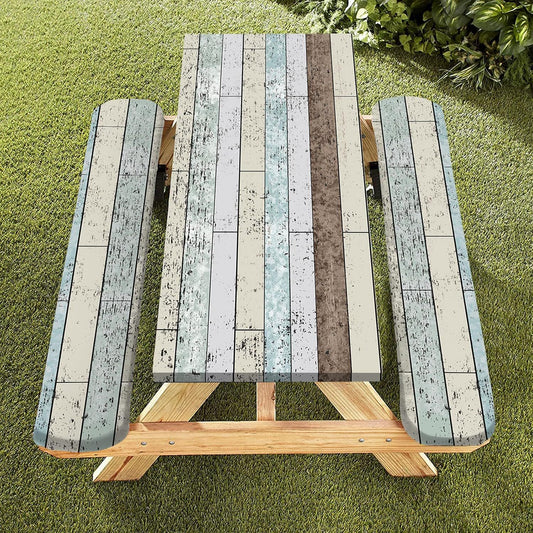 [3pcs Picnic Table Covers] 3pcs Elastic Fit Rectangular Polyester Picnic Table Covers | Blue, White, and Gray Tablecloths for Outdoor Camping and Farmhouse Style | Durable Tablecloth, Outdoor Dining Cover