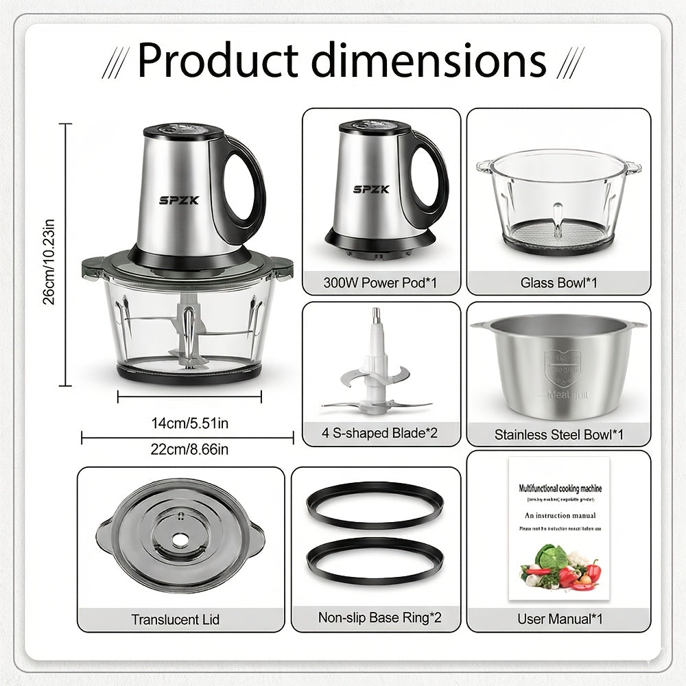 Stainless Steel Electric Food Chopper Meat Grinder With 2 Bowls 2 Blades