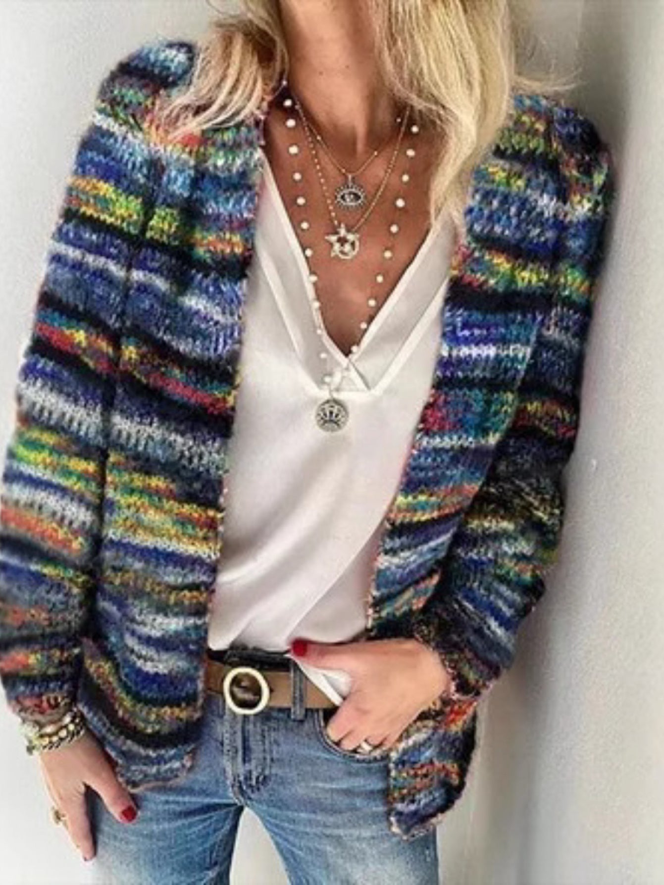SCACTO Women Large Colorful Pattern Cardigan Open Front Y2K Style Knit Sweater