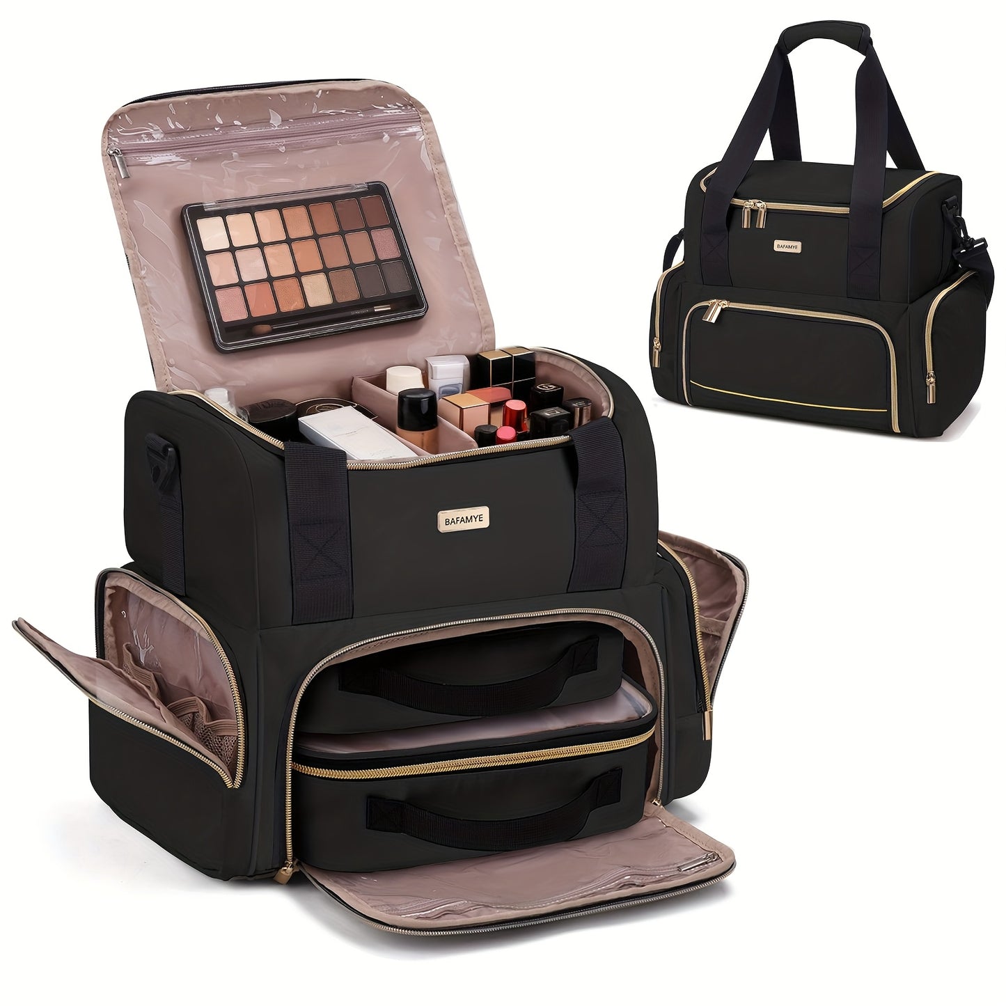Large Makeup Cosmetic Bag With 2 Removable Cases Double Layer Travel Organizer