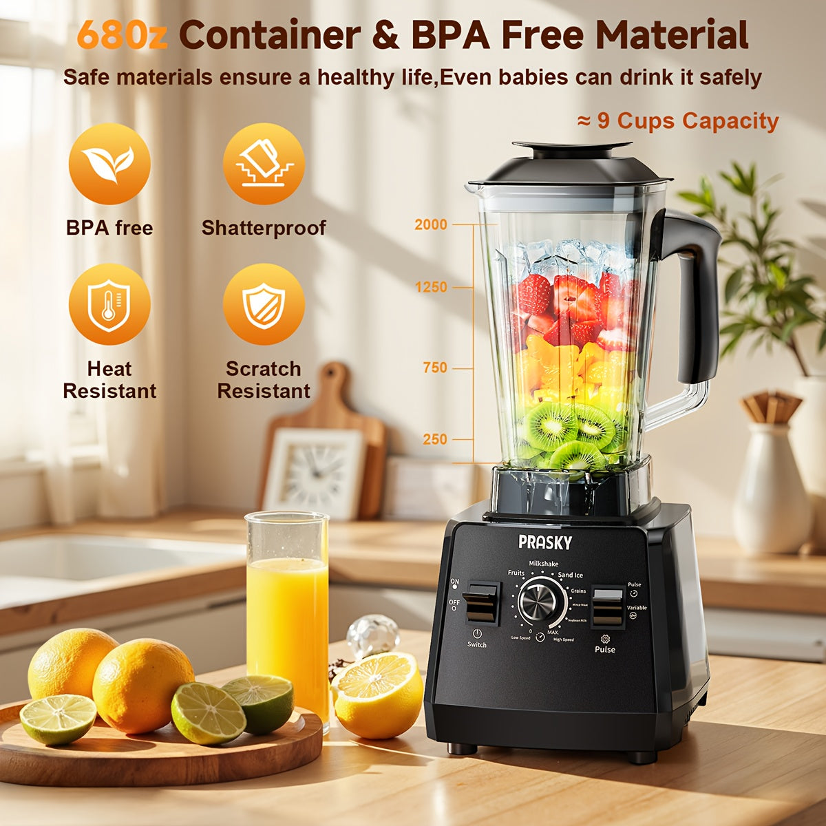 PRASKY 2400W Blender And Food Processor Combo 68oz 2 Containers 25000RPM