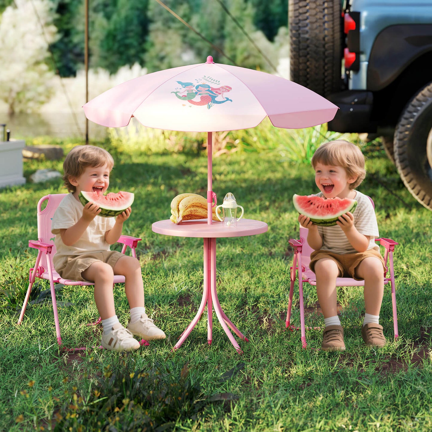 Costway Kids Picnic Table And Chairs Set With Umbrella