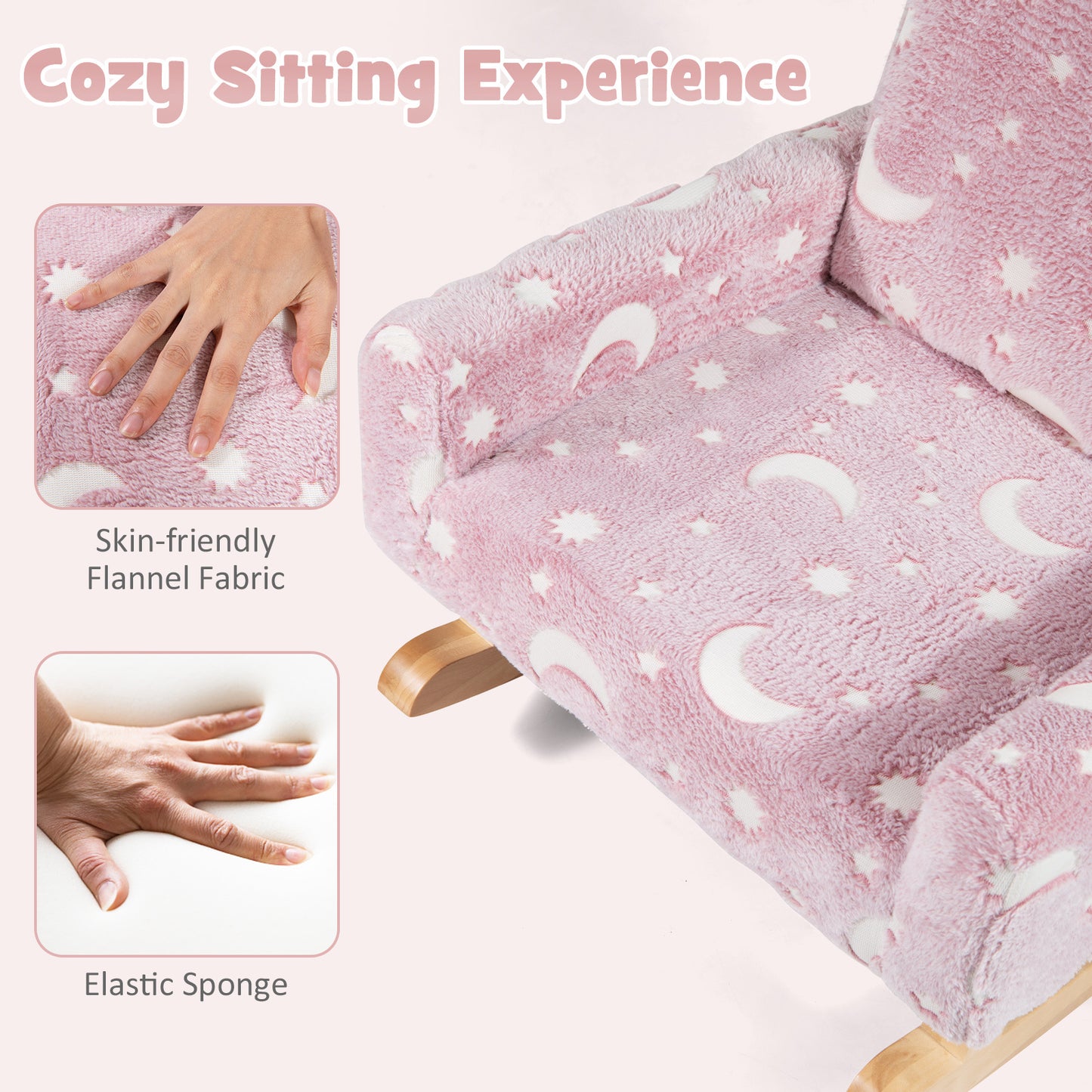 LIFEZEAL Kids Rocking Chair Upholstered Flannel With Glow In The Dark Wood Feet