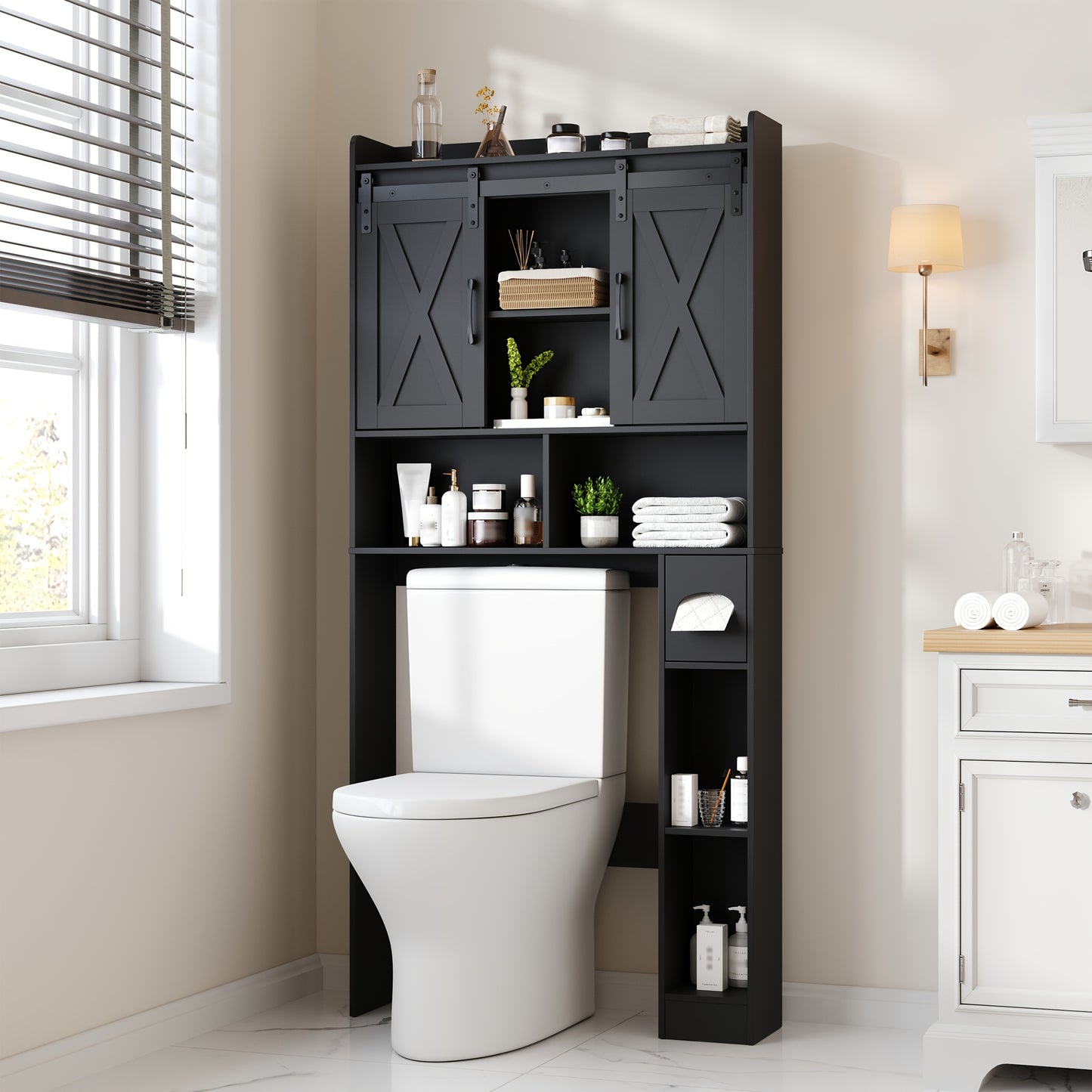 Over The Toilet Storage Cabinet With Toilet Paper Holder Stand Space Saving Grey