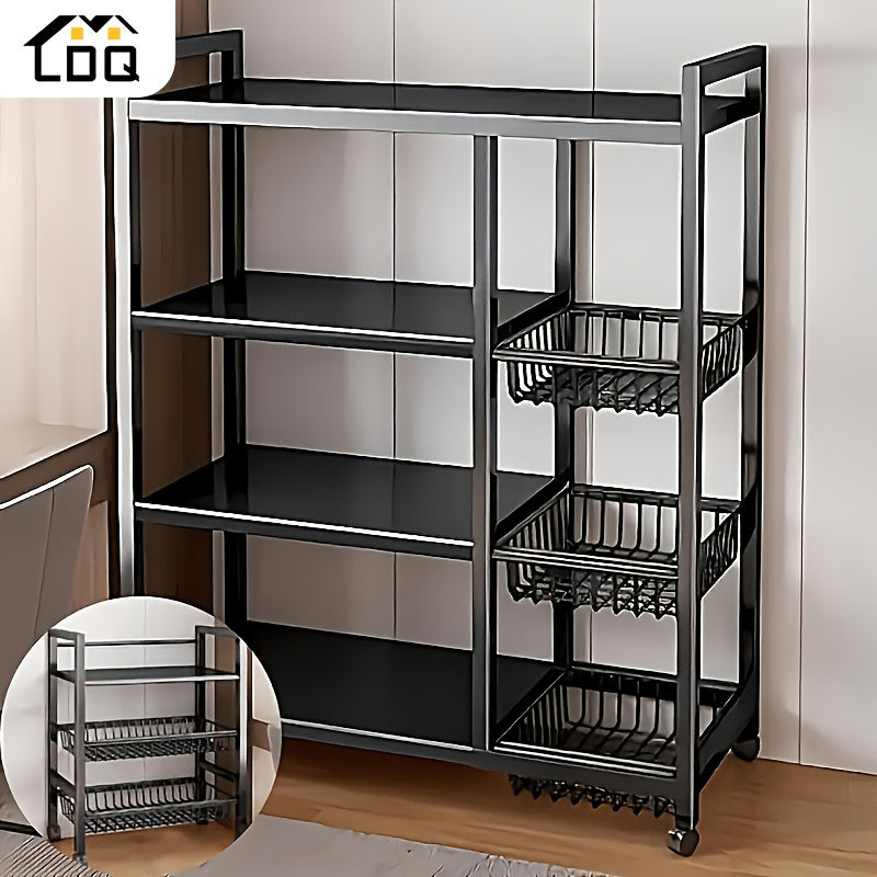 Movable 4-Tier Adjustable Kitchen Storage Rack With Wheels And Wire Baskets