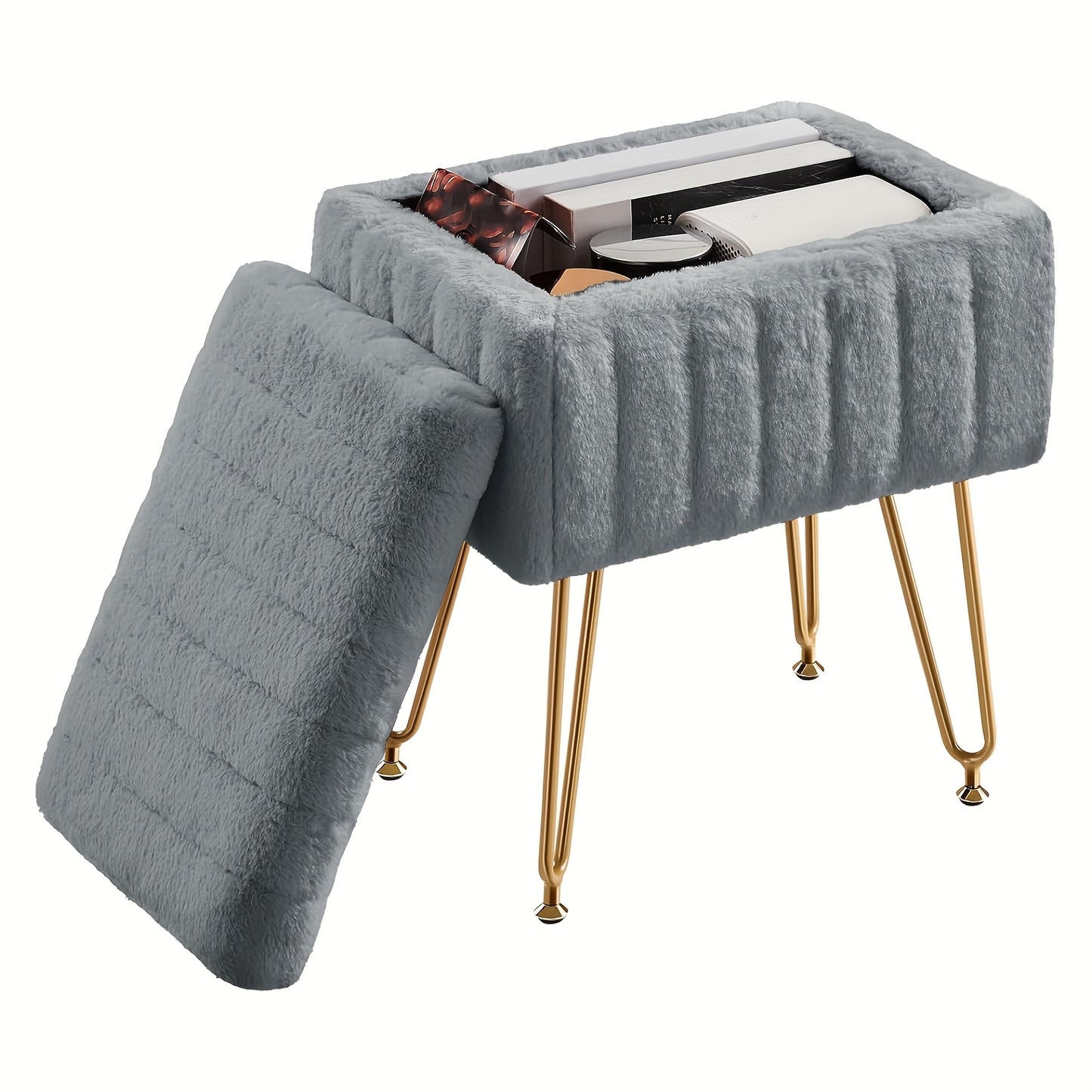 Vanity Chair With Storage Dual Purpose Makeup Stool Four Golden Metal Bases