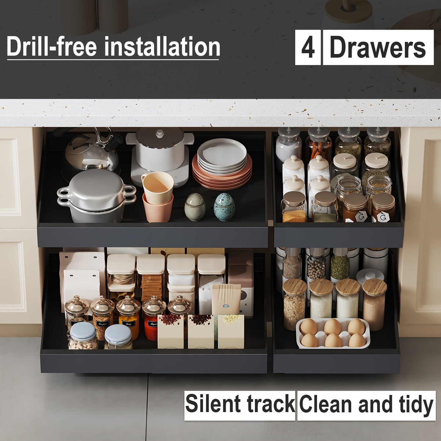 4-Drawer Heavy Duty Slide Out Cabinet Organizer - 17" Deep, Expandable Width 12.6"-20.6", Ultra-Quiet Gliding Rails, Anti-Rust Carbon Steel, Dual-Mount Adhesive/Drill, Multi-Purpose Storage for Kitchen, Bathroom, Garage (Blac