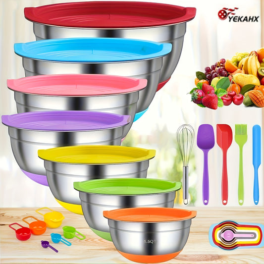 18 Sealed Lid Salad Mixing Bowls, Stainless Steel Nested Color, Non Slip Silicone Bottom, 11 Kitchen Tool Accessories, Bowl Sizes 7.5.5, 4, 3.5, 2.5, 2, 1.5 Quarts, Suitable for Mixing, Baking, Salad, Food Preparation And Coo