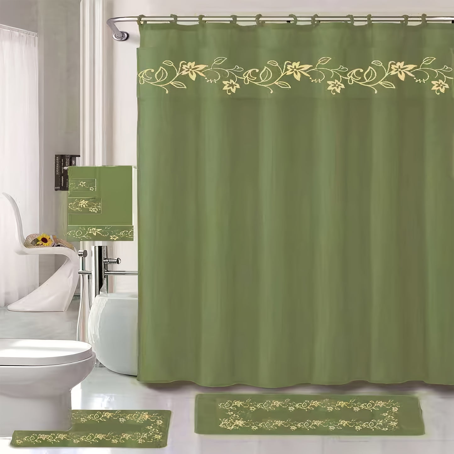 Shower Curtain Set With Embroidery And Non Slip Bath Rug Mats 3 Piece Towel Set