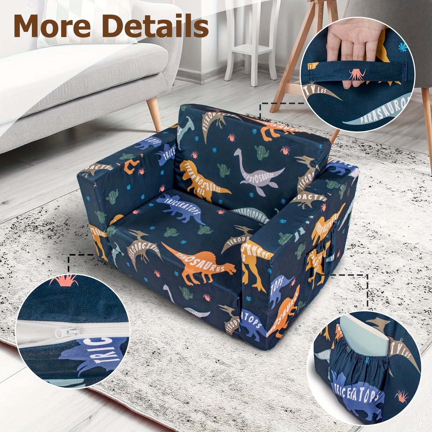 Kids Convertible Sofa Bed Lounge Chair Dinosaur Print